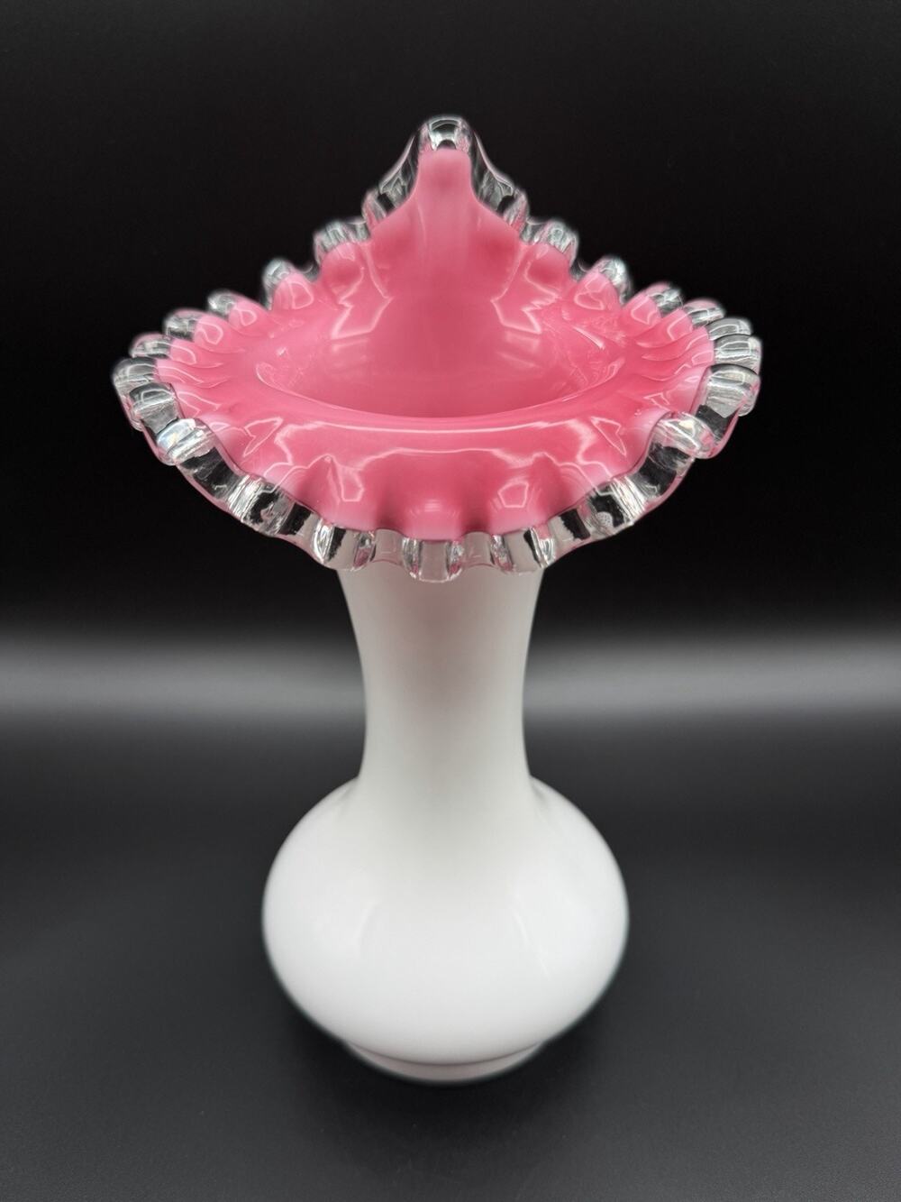 Fenton White & Pink Peach Crest Jack in the Pulpit Tulip Vase 9” Crimped Edge